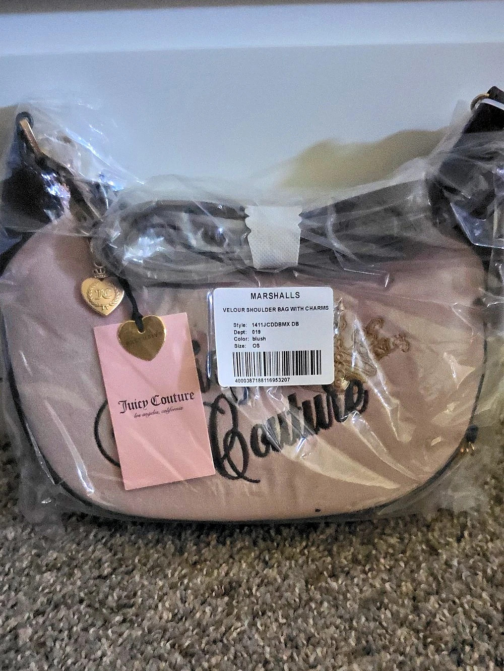 Juicy Couture Velour Shoulder Bag with Charms Pink & Black